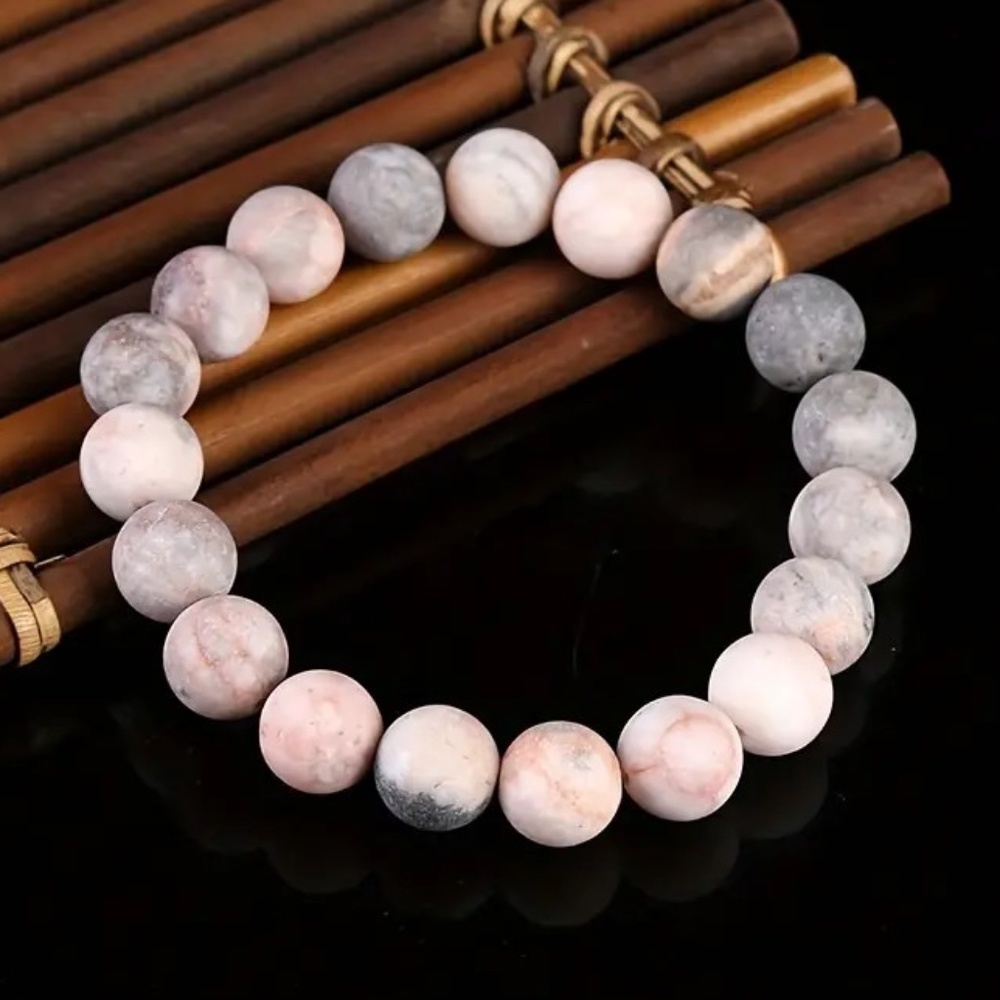 Frosted Powder Zebra Stone Beaded Heart Pendant Bracelet-7 ½"